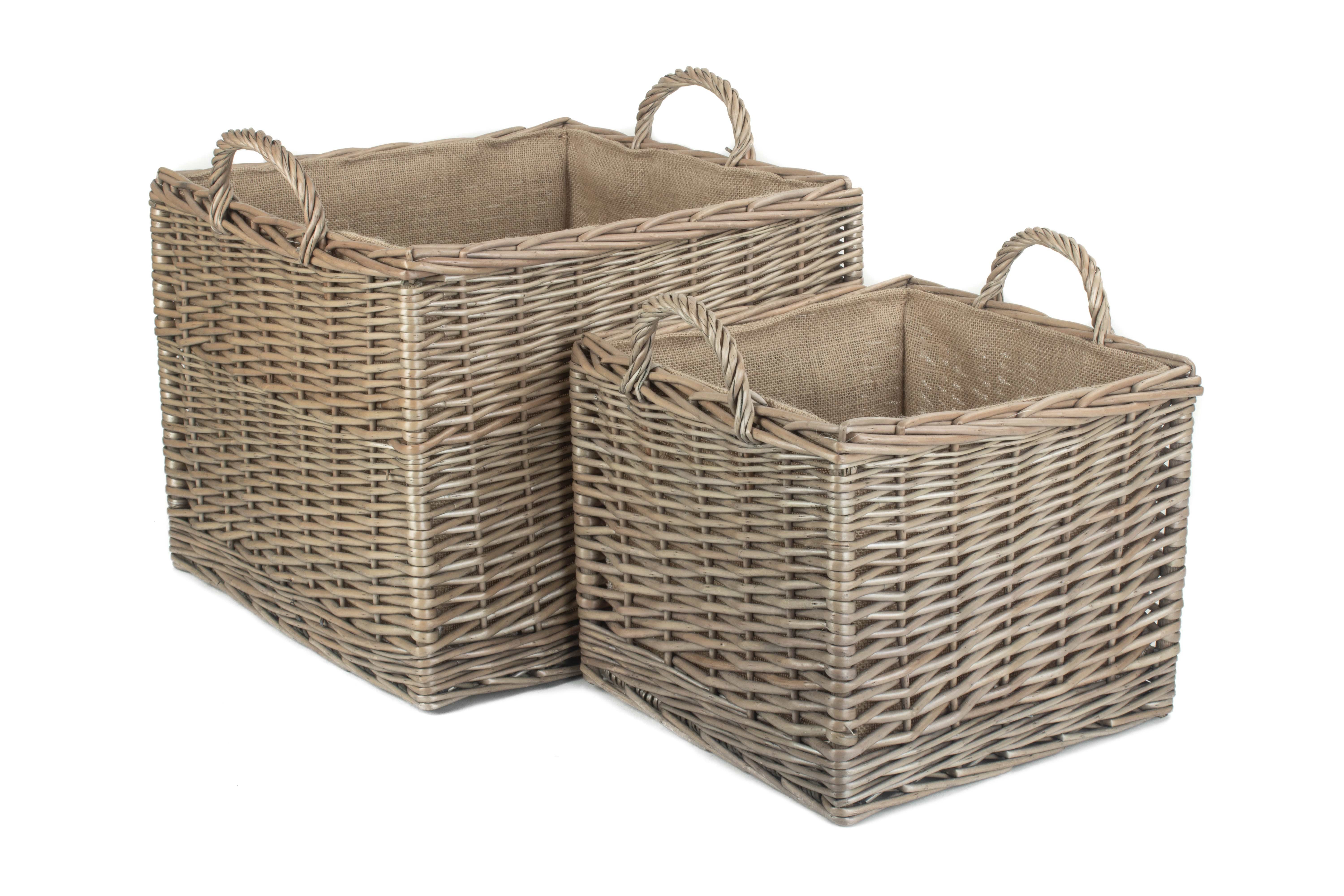 Square Lined Wicker Log / Storage Basket Set 2 Storage Baskets
