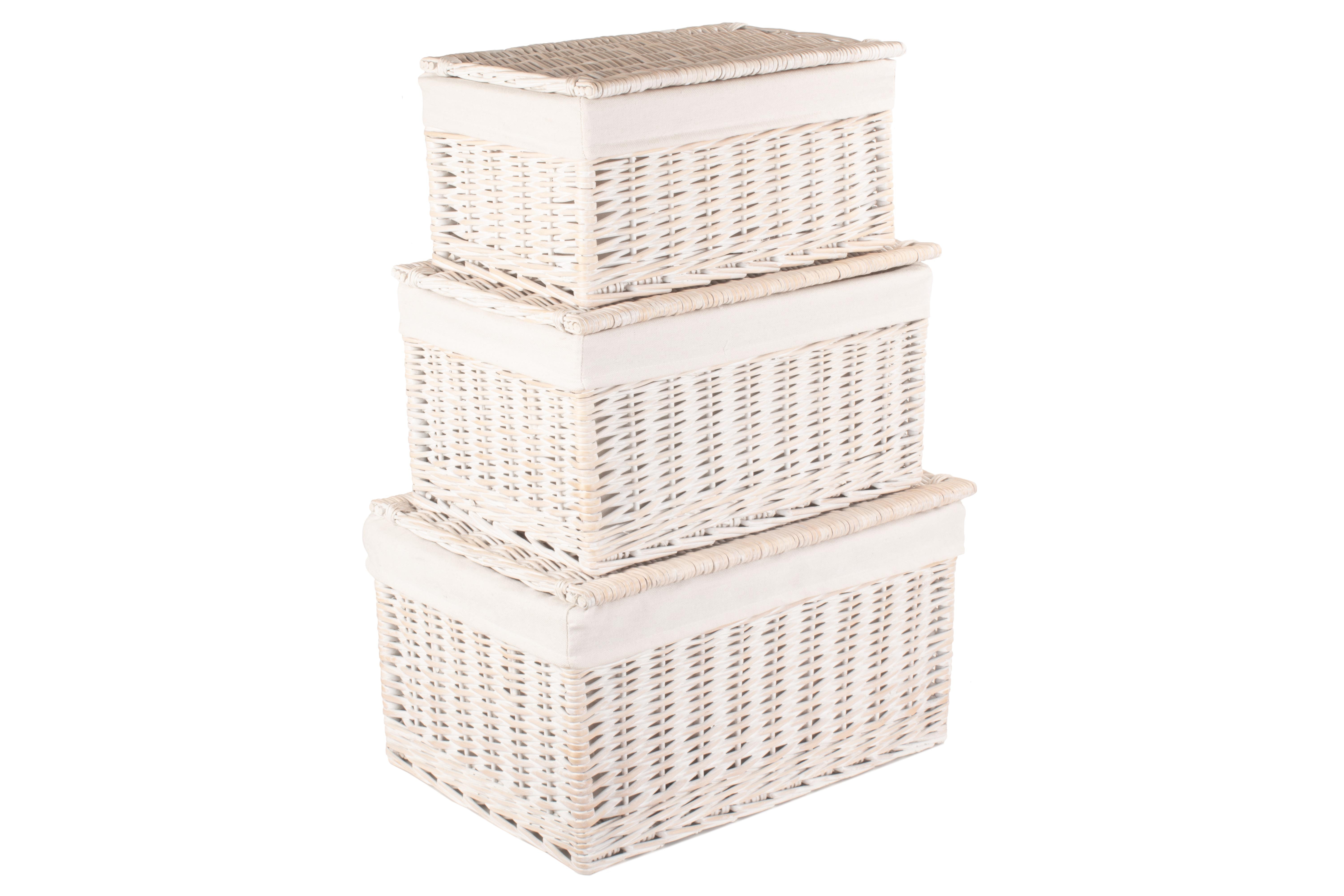 White Wash Finish Storage Hamper With White Lining Set 3 Empty Hampers