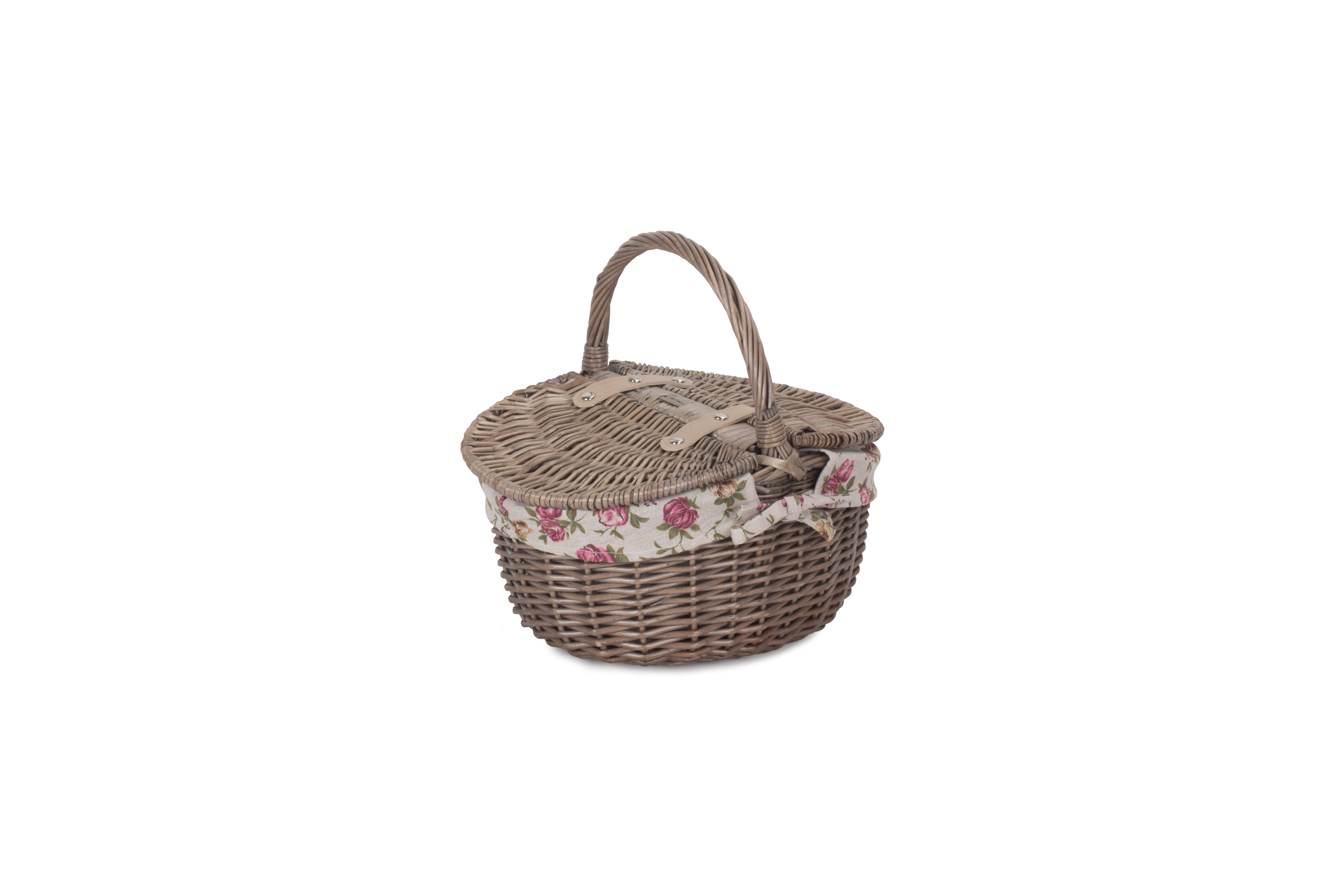 Small Antique Wash Finish Oval Picnic Basket With Garden Rose Lining Picnic Baskets